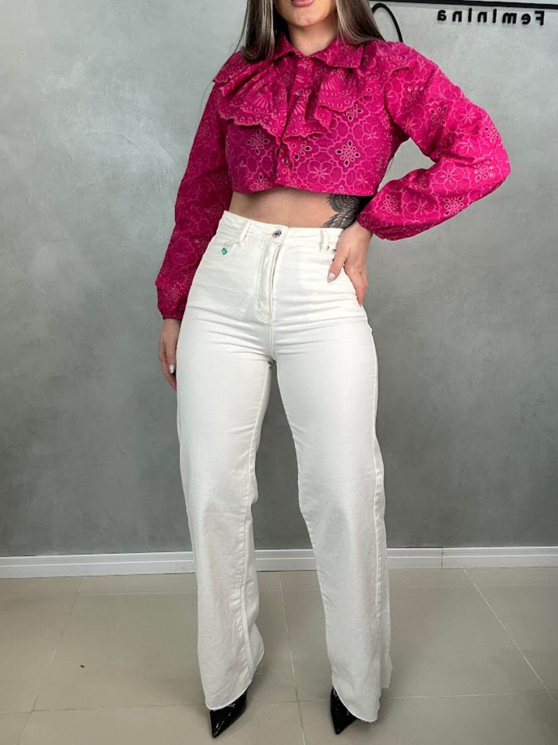 Calça Wide Leg Off White I Barra Desfiada